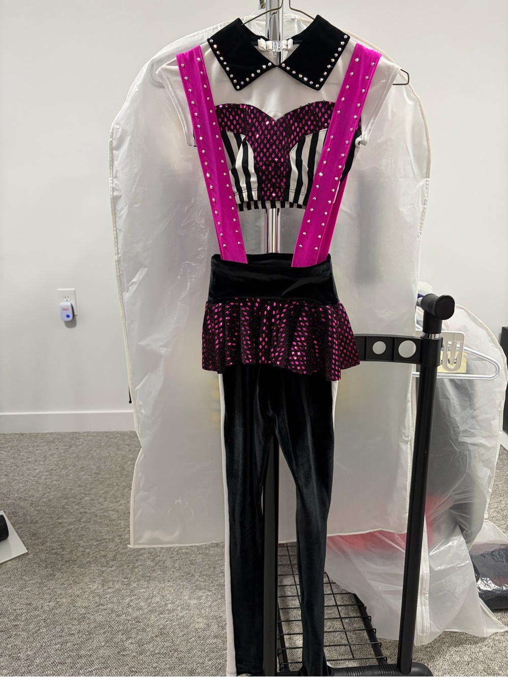 Black & Fuchsia Performance Jumpsuit with Studded Straps